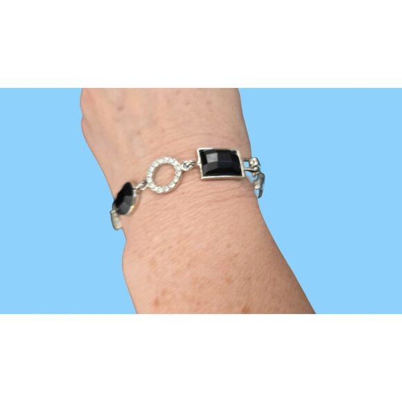 Lia Sophia Party On Silver-Tone Bracelet With Black & Clear Crystals Statement - Picture 6 of 8